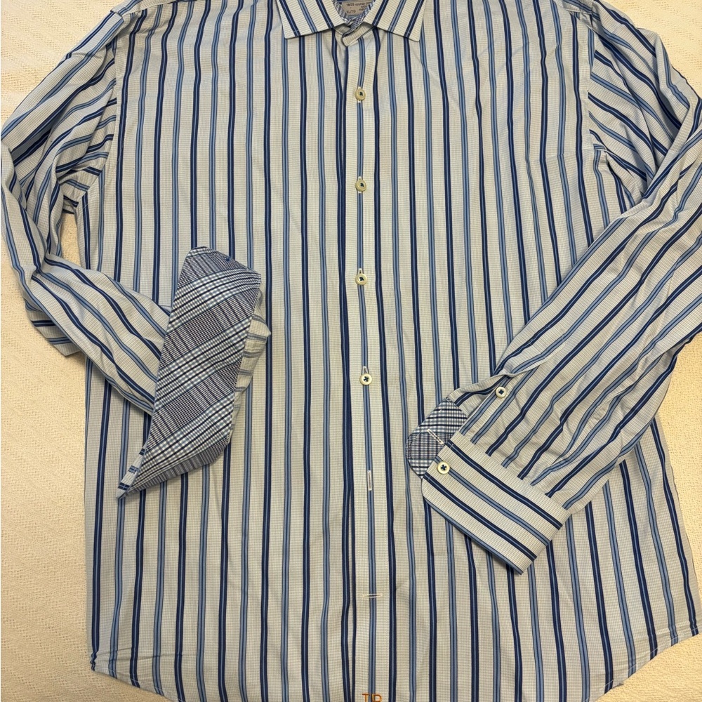 Thomas Dean Blue and White Striped Button Down Shirt